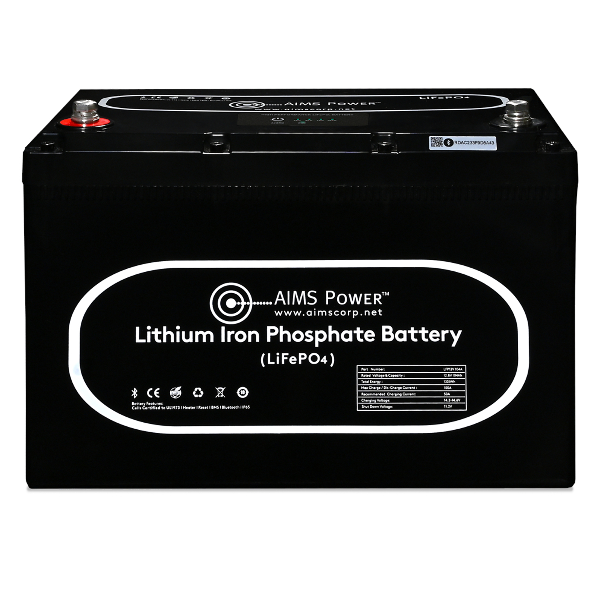 AIMS Power Lithium Battery 104 AH 12V, Wake Up-Heater & BT Monitoring, LiFePO4 , LFP12V104A